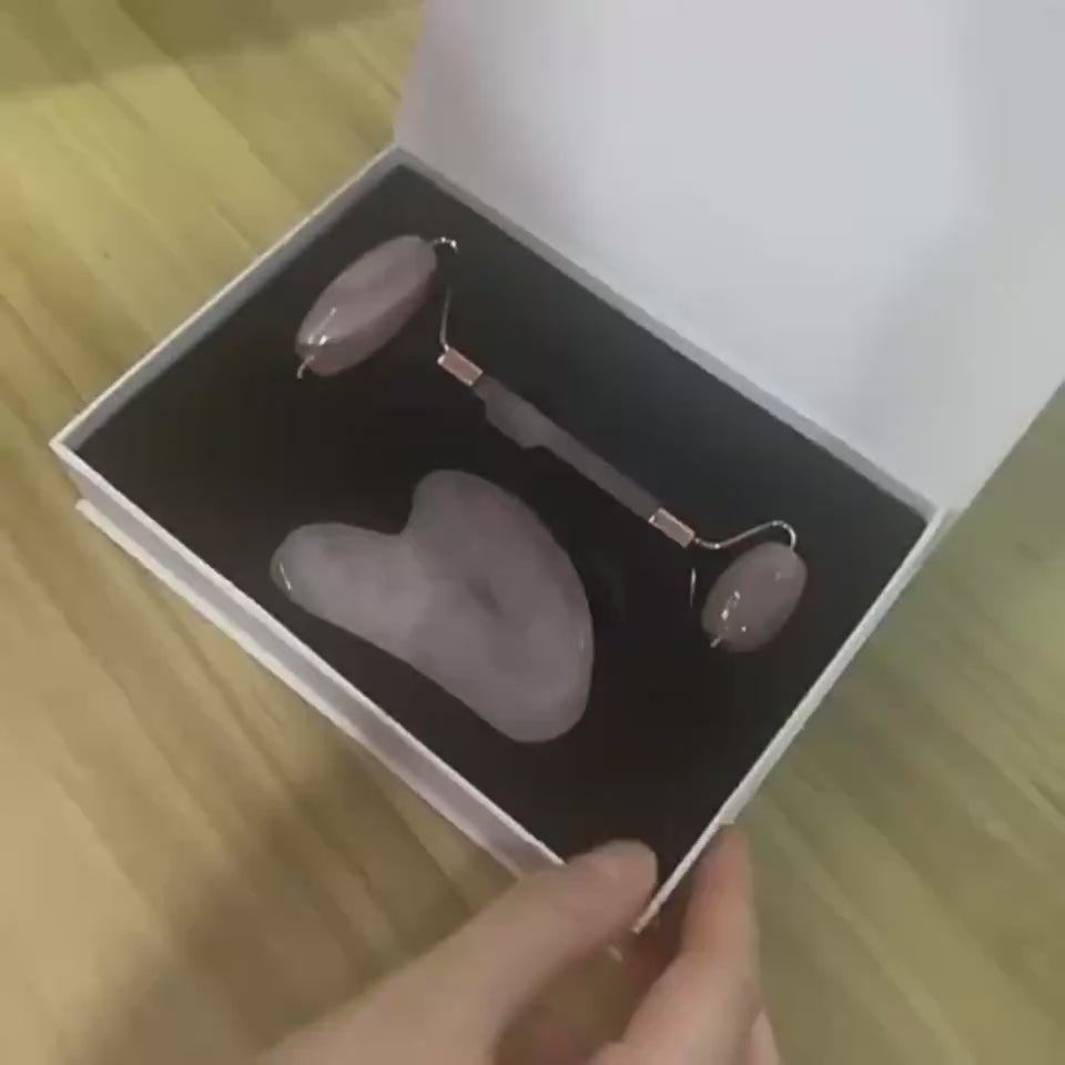 Set Rodillo de Cuarzo Rosa + Gua Sha | Piedra Natural, Masaje Facial, Antiedad y Drenaje Linfático