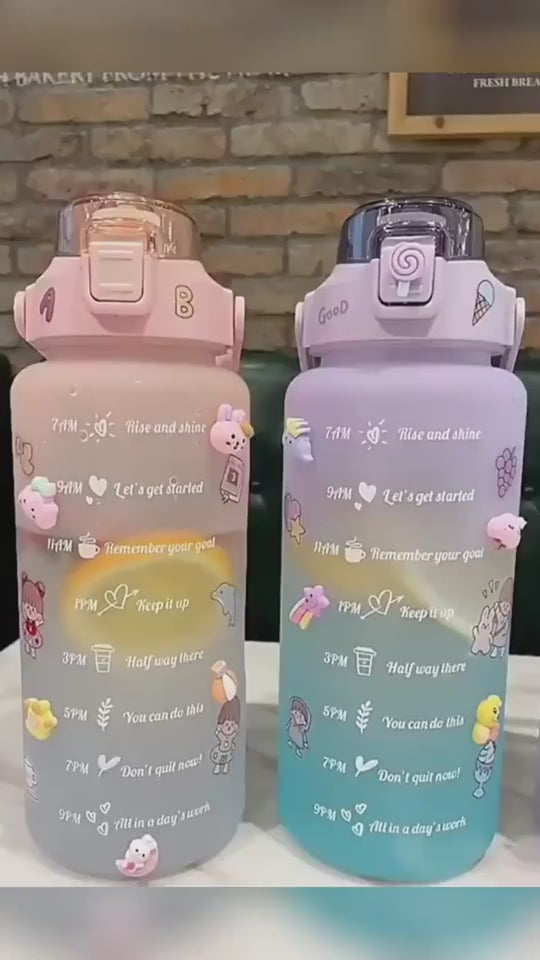 Botella de Agua Grande 2000ml con Pajita y Marcador de Horas | Diseño Lindo y Portátil